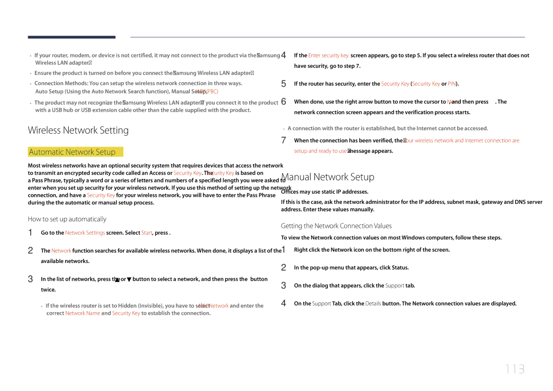 Samsung MD40C, MD32C, MD55C user manual Wireless Network Setting, Manual Network Setup, Automatic Network Setup 