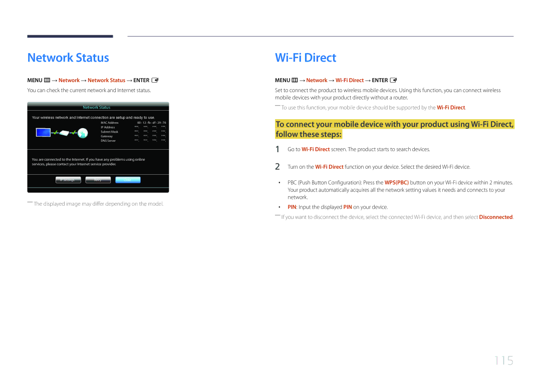 Samsung MD55C, MD32C, MD40C Menu m → Network → Network Status → Enter E, Menu m → Network → Wi-Fi Direct → Enter E 