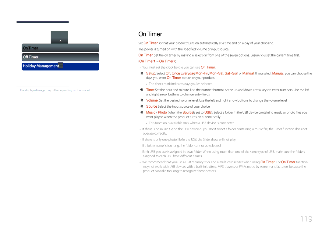 Samsung MD40C, MD32C, MD55C user manual 119, Off Timer Holiday Management, On Timer1 ~ On Timer7 