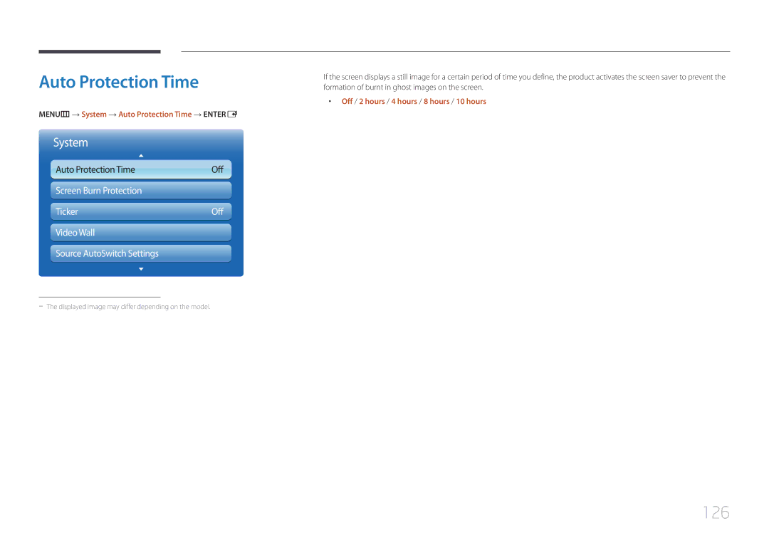 Samsung MD32C, MD55C, MD40C user manual Auto Protection Time, 126, Video Wall Source AutoSwitch Settings 