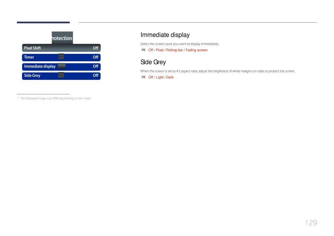 Samsung MD32C, MD55C, MD40C user manual 129, Pixel Shift Off, Timer Off, Immediate display Off Side Grey 