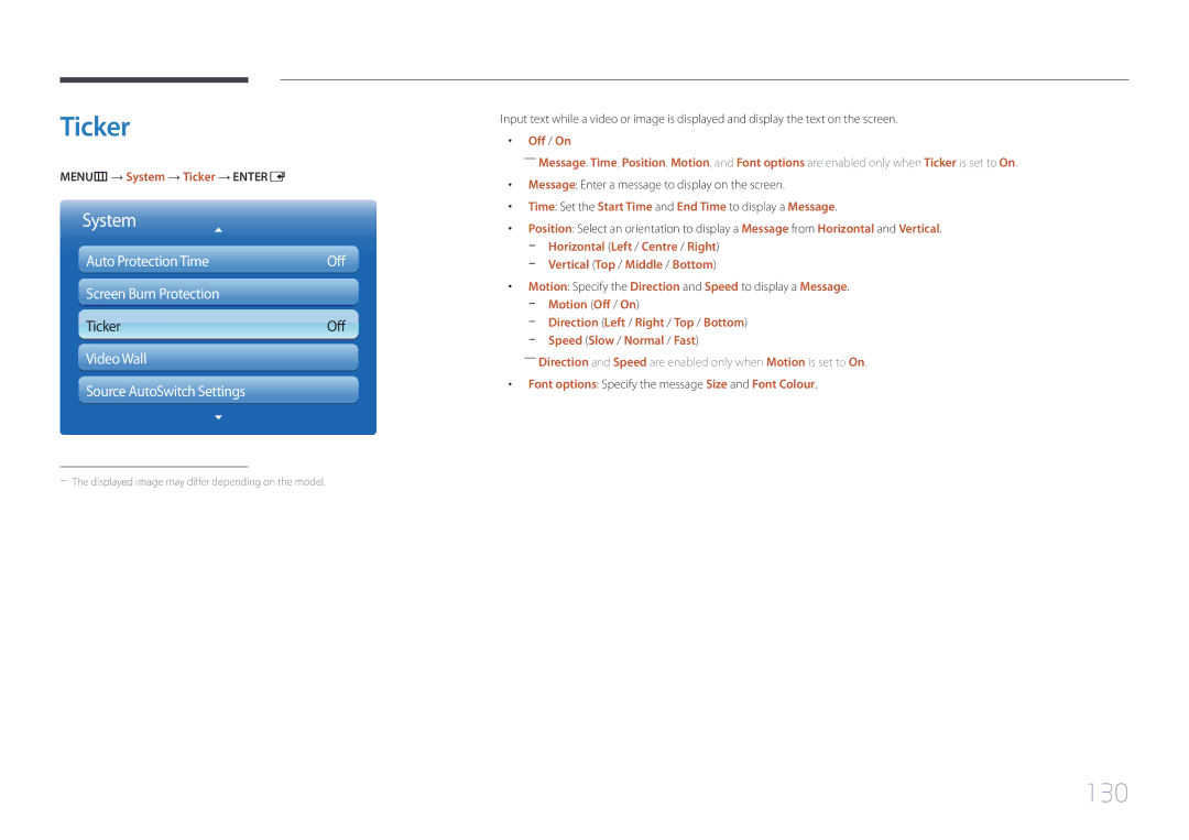 Samsung MD55C, MD32C, MD40C user manual 130, MENUm → System → Ticker → Entere, Vertical Top / Middle / Bottom 