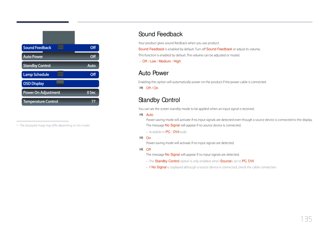 Samsung MD32C, MD55C, MD40C user manual 135, Sound Feedback, Auto Power, Standby Control 