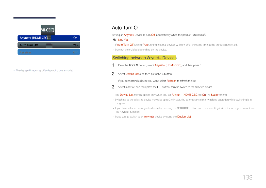 Samsung MD32C, MD55C, MD40C user manual 138, Switching between Anynet+ Devices, Anynet+ HDMI-CEC Auto Turn Off, No / Yes 