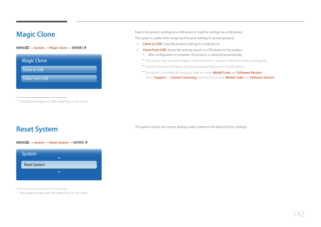 Samsung MD55C, MD32C, MD40C user manual Magic Clone, Reset System, 142, Clone to USB Clone From USB 