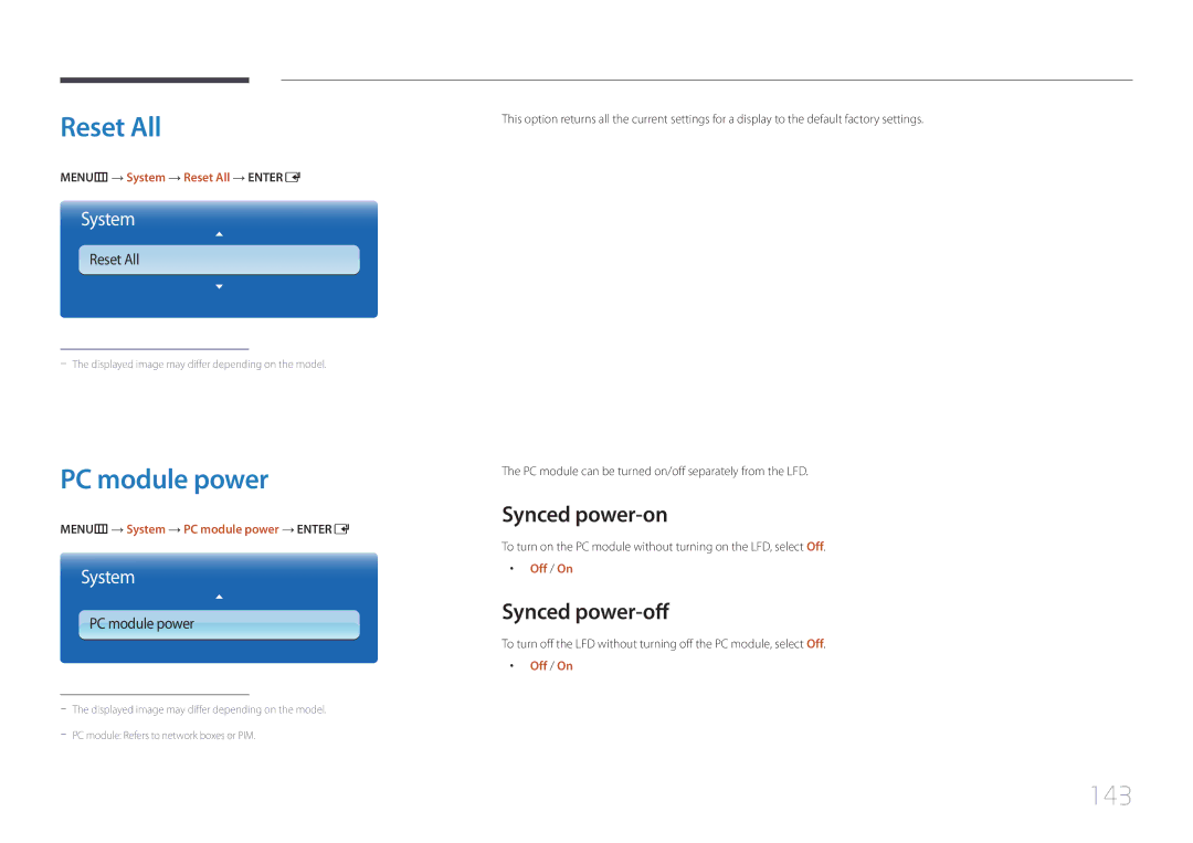 Samsung MD40C, MD32C, MD55C user manual Reset All, PC module power, 143, Synced power-on, Synced power-off 