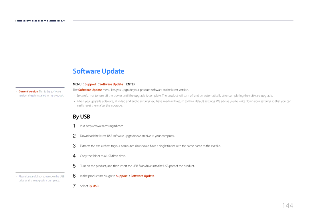 Samsung MD32C, MD55C, MD40C user manual 144, By USB, MENUm → Support → Software Update → Entere 