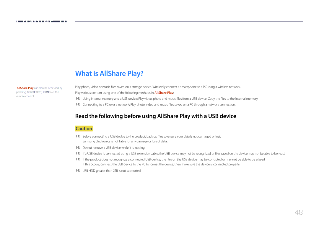 Samsung MD55C, MD32C, MD40C user manual What is AllShare Play?, 148, USB HDD greater than 2TB is not supported 