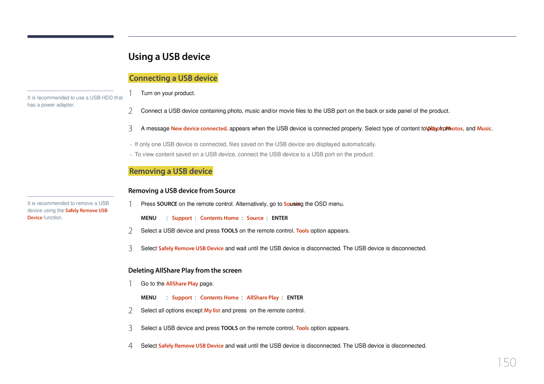 Samsung MD32C, MD55C, MD40C user manual 150, Using a USB device, Connecting a USB device, Removing a USB device 