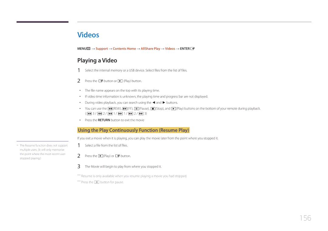Samsung MD32C, MD55C, MD40C user manual Videos, 156, Playing a Video, Using the Play Continuously Function Resume Play 
