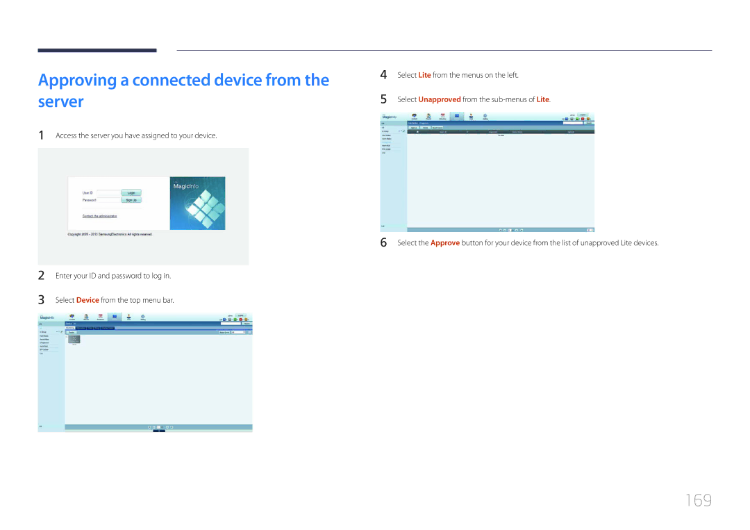 Samsung MD55C, MD32C Approving a connected device from the server, 169, Access the server you have assigned to your device 