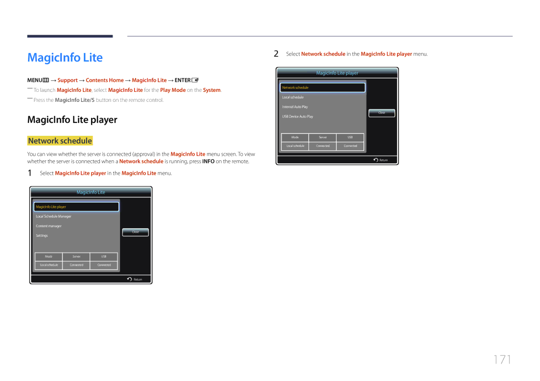 Samsung MD32C, MD55C, MD40C user manual 171, MagicInfo Lite player, Network schedule 