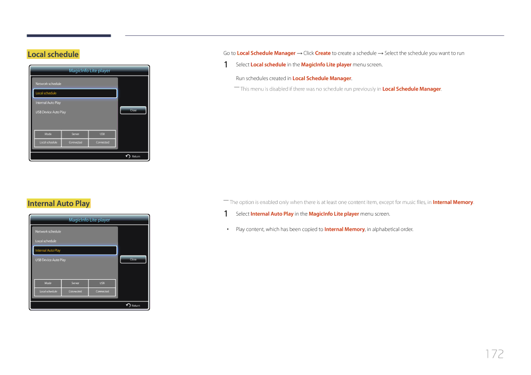 Samsung MD55C, MD32C, MD40C user manual 172, Local schedule, Internal Auto Play 