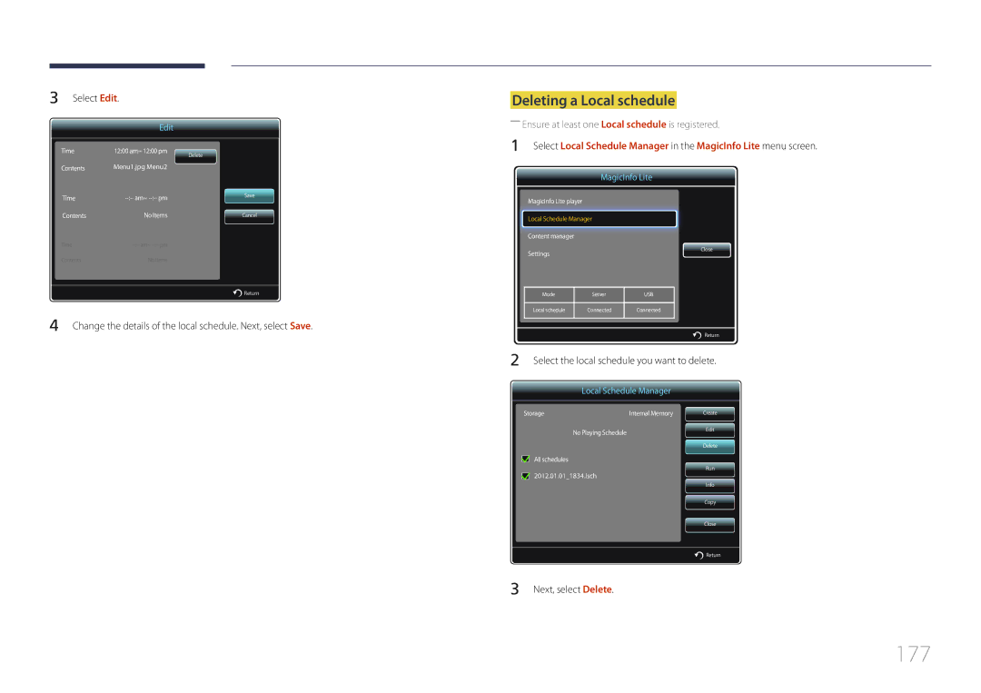 Samsung MD32C, MD55C, MD40C user manual 177, Deleting a Local schedule, Select Edit, Next, select Delete 