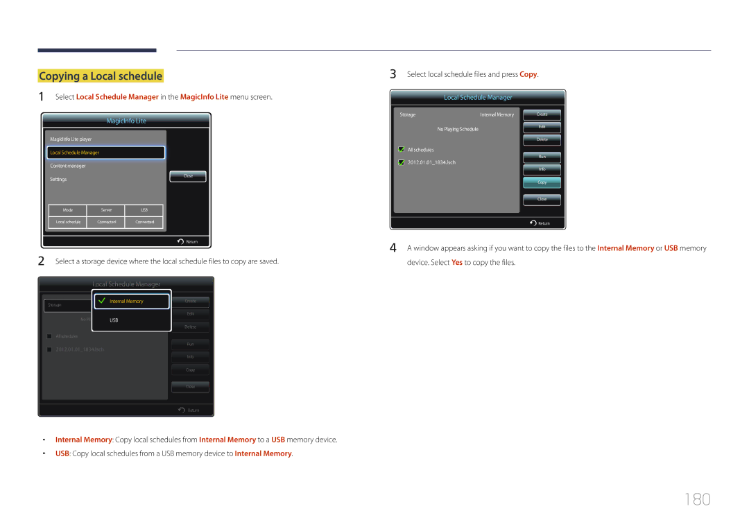 Samsung MD32C, MD55C, MD40C user manual 180, Copying a Local schedule, Device. Select Yes to copy the files 