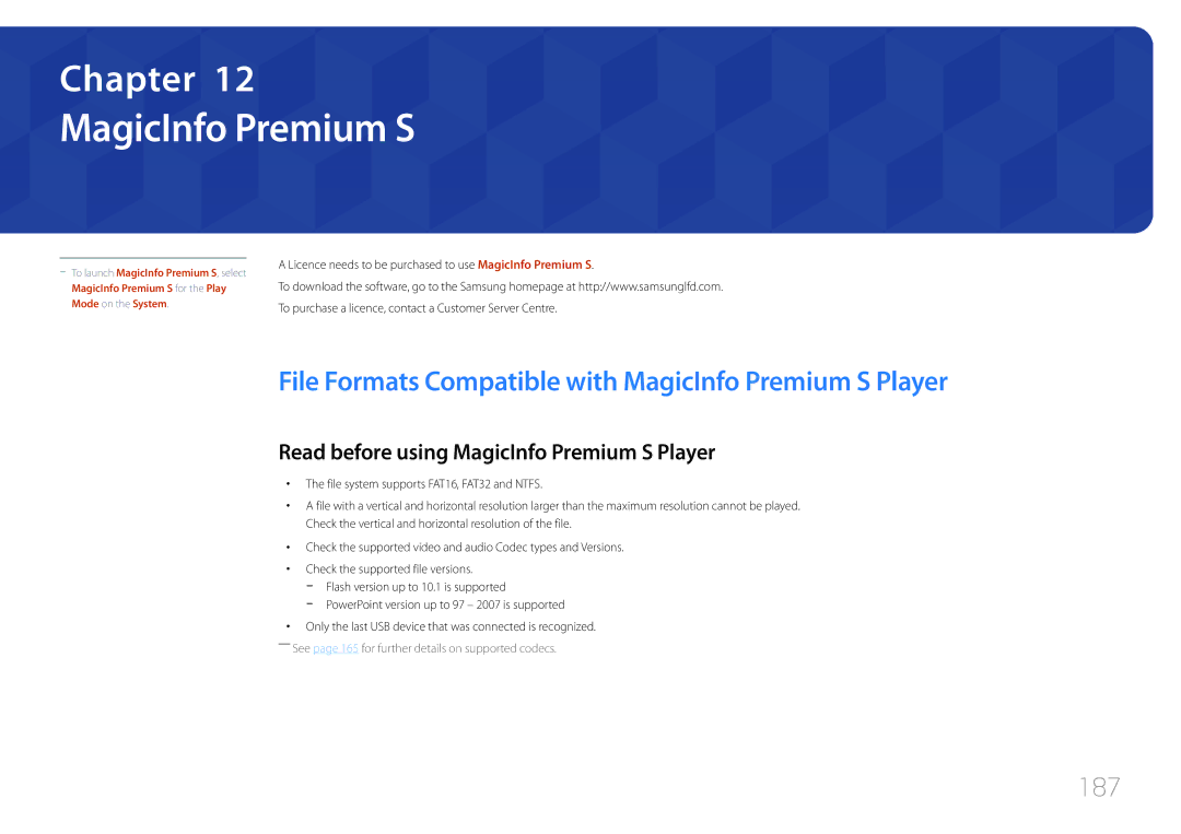 Samsung MD55C, MD32C, MD40C user manual File Formats Compatible with MagicInfo Premium S Player, 187 