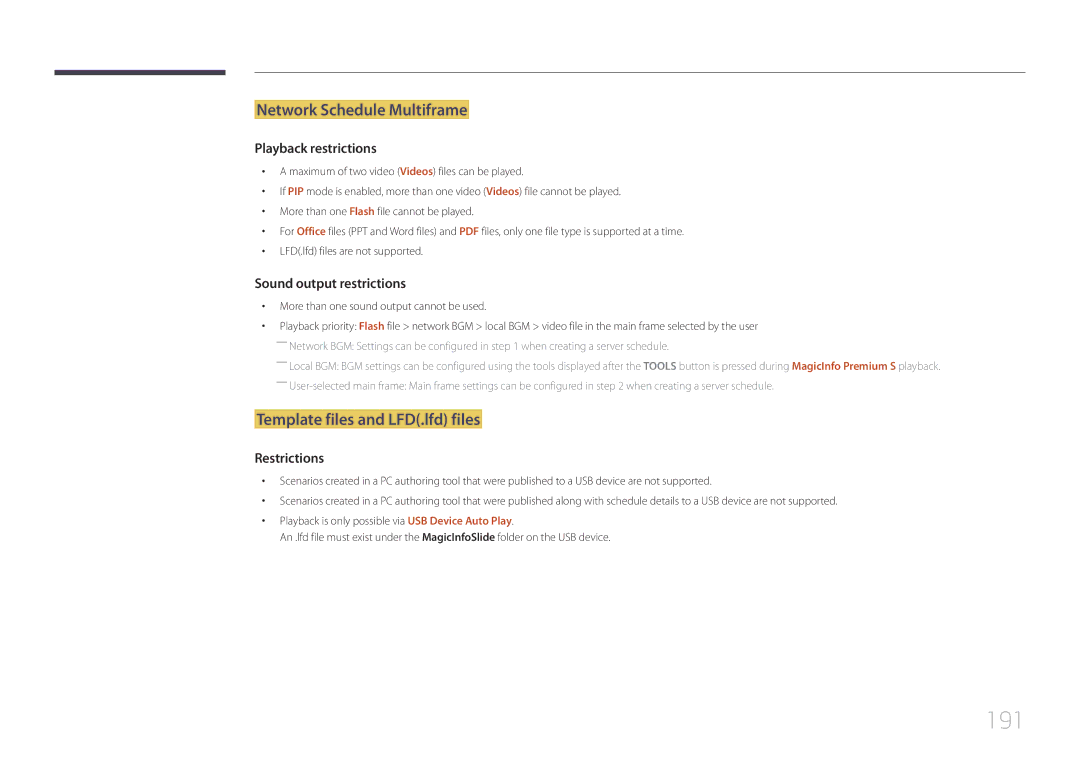 Samsung MD40C, MD32C, MD55C user manual 191, Network Schedule Multiframe, Template files and LFD.lfd files 