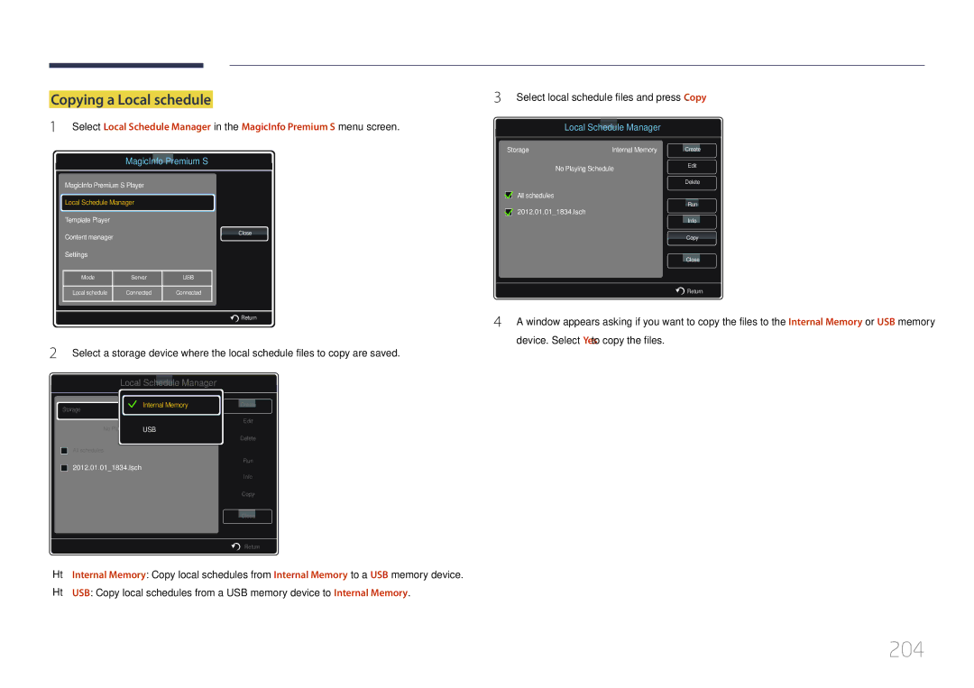 Samsung MD32C, MD55C, MD40C user manual 204, Copying a Local schedule 