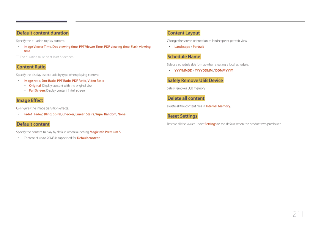 Samsung MD55C, MD32C, MD40C user manual 211, Default content duration 