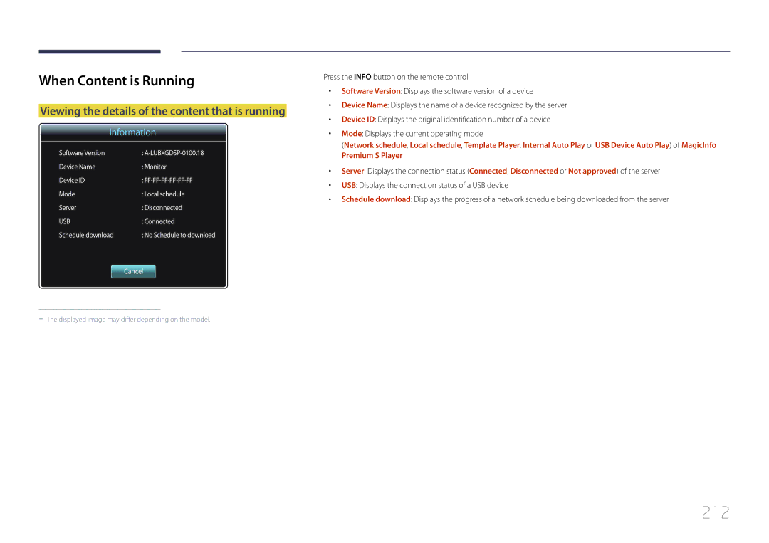 Samsung MD40C, MD32C, MD55C user manual 212, When Content is Running 