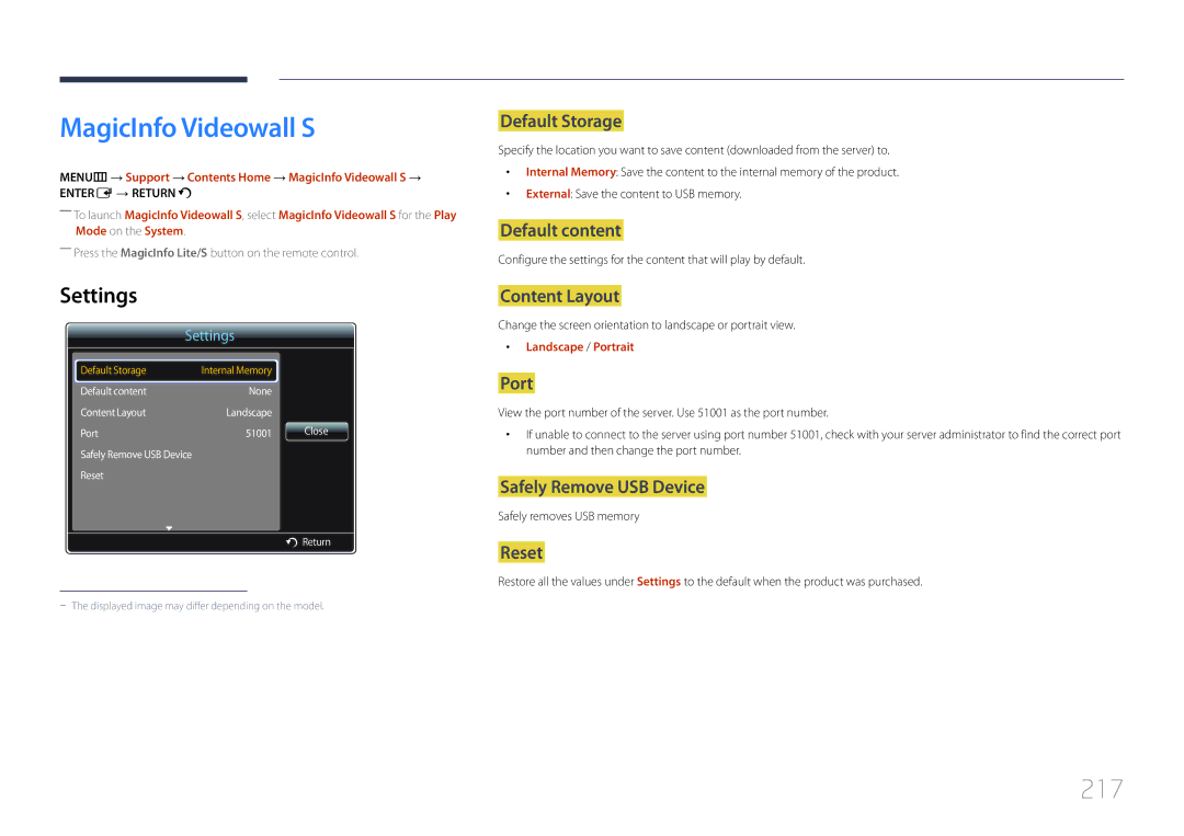 Samsung MD55C, MD32C, MD40C 217, Default Storage, Port, MENUm → Support → Contents Home → MagicInfo Videowall S → 