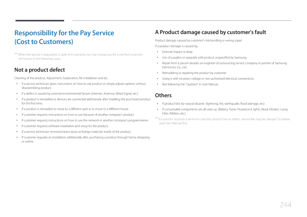 Samsung MD55C, MD32C, MD40C user manual 244, Not a product defect, Product damage caused by customers fault, Others 