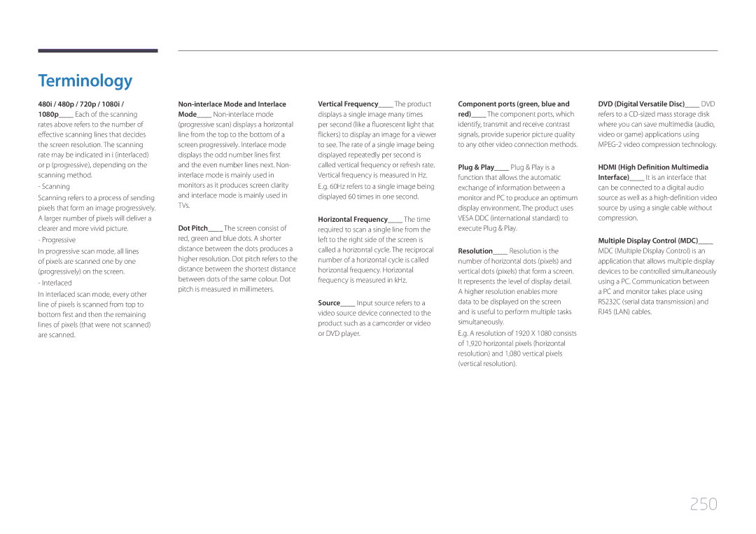 Samsung MD55C, MD32C, MD40C user manual Terminology, 250 