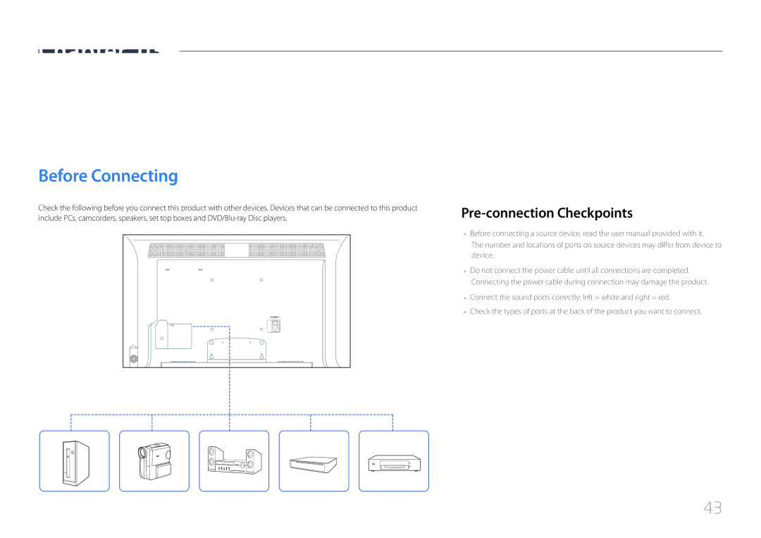 Samsung MD55C, MD32C, MD40C user manual Connecting and Using a Source Device, Before Connecting, Pre-connection Checkpoints 