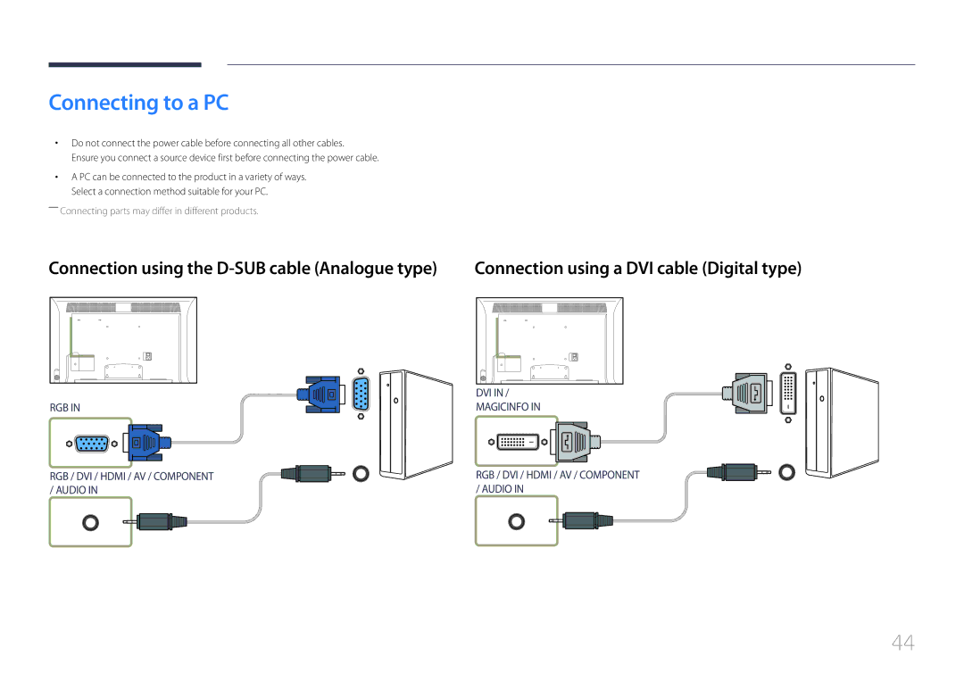 Samsung MD40C, MD32C, MD55C user manual Connecting to a PC, Connection using a DVI cable Digital type 