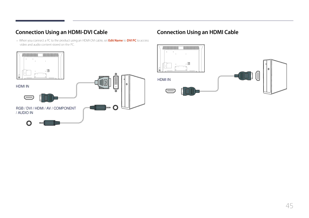 Samsung MD32C, MD55C, MD40C user manual Connection Using an HDMI-DVI Cable, Connection Using an Hdmi Cable 