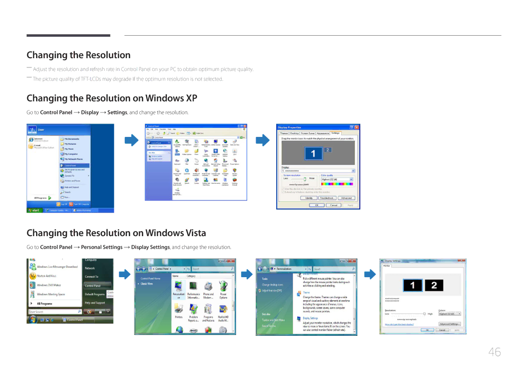 Samsung MD55C, MD32C, MD40C user manual Changing the Resolution on Windows XP, Changing the Resolution on Windows Vista 