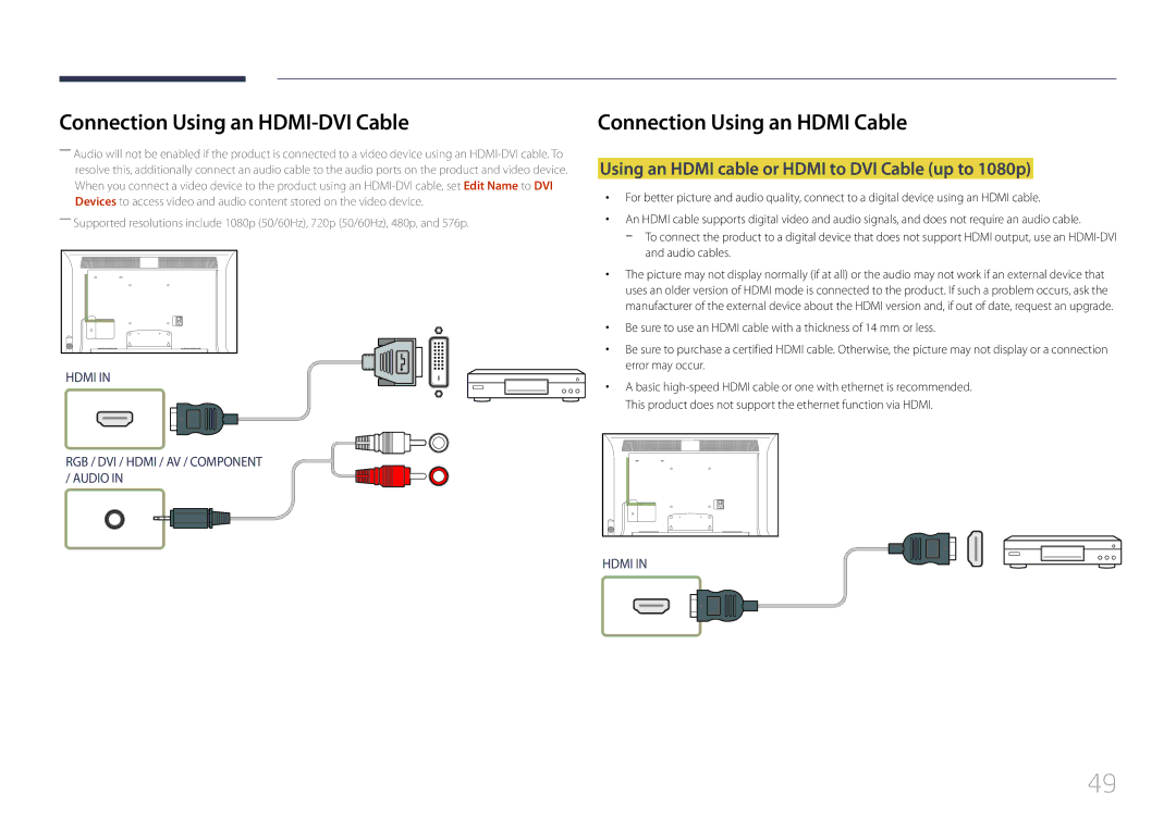 Samsung MD55C, MD32C, MD40C user manual Connection Using an Hdmi Cable, Using an Hdmi cable or Hdmi to DVI Cable up to 1080p 