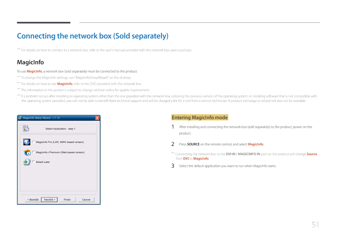 Samsung MD32C, MD55C, MD40C user manual Connecting the network box Sold separately, Entering MagicInfo mode, Product 