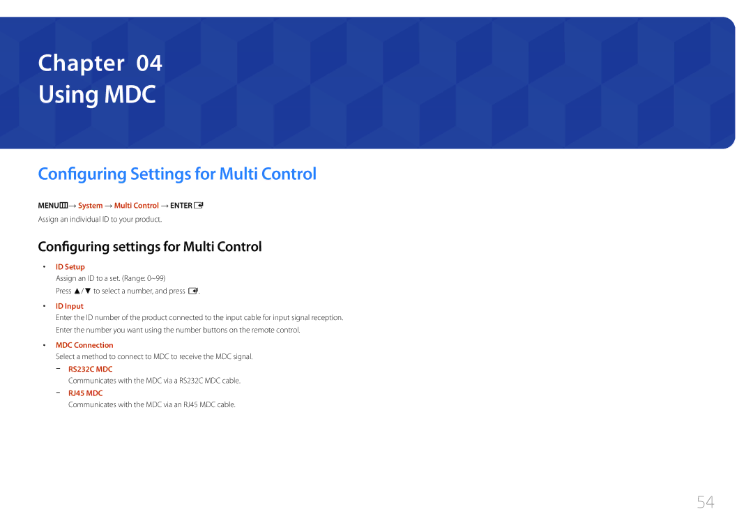 Samsung MD32C, MD55C, MD40C Using MDC, Configuring Settings for Multi Control, Configuring settings for Multi Control 