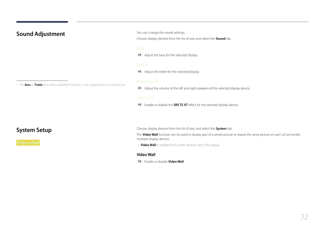 Samsung MD32C Sound Adjustment, System Setup, Adjust the bass for the selected display, Enable or disable Video Wall 