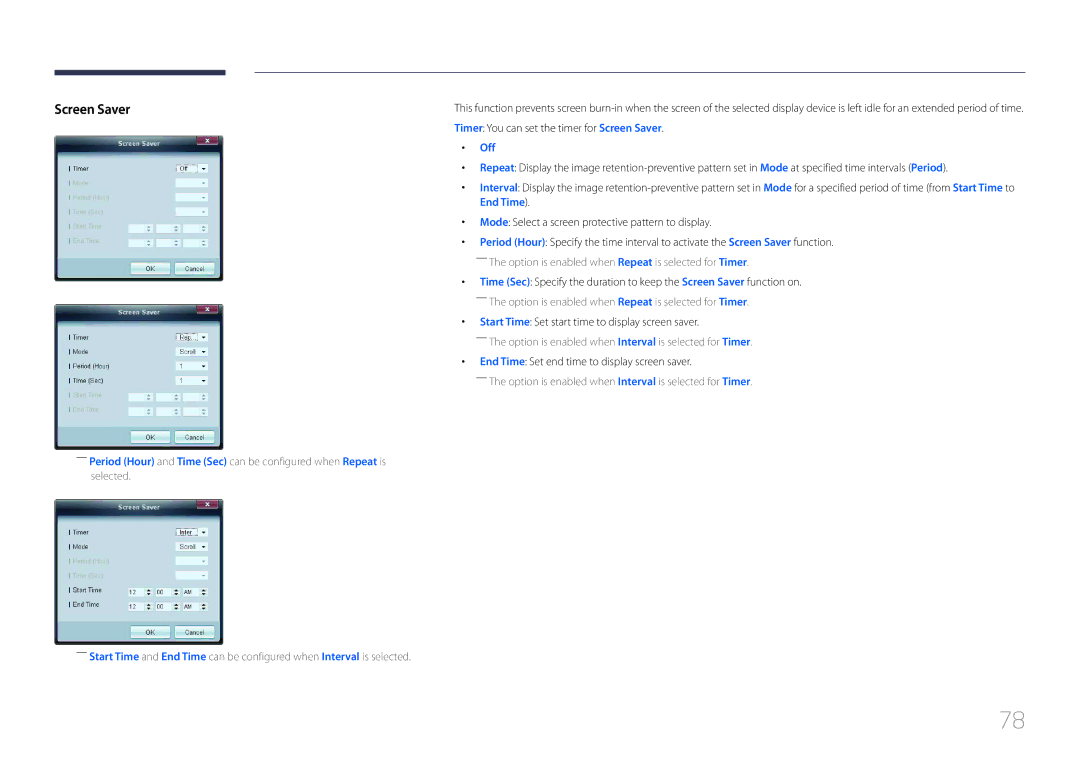 Samsung MD32C, MD55C Start Time Set start time to display screen saver, End Time Set end time to display screen saver 