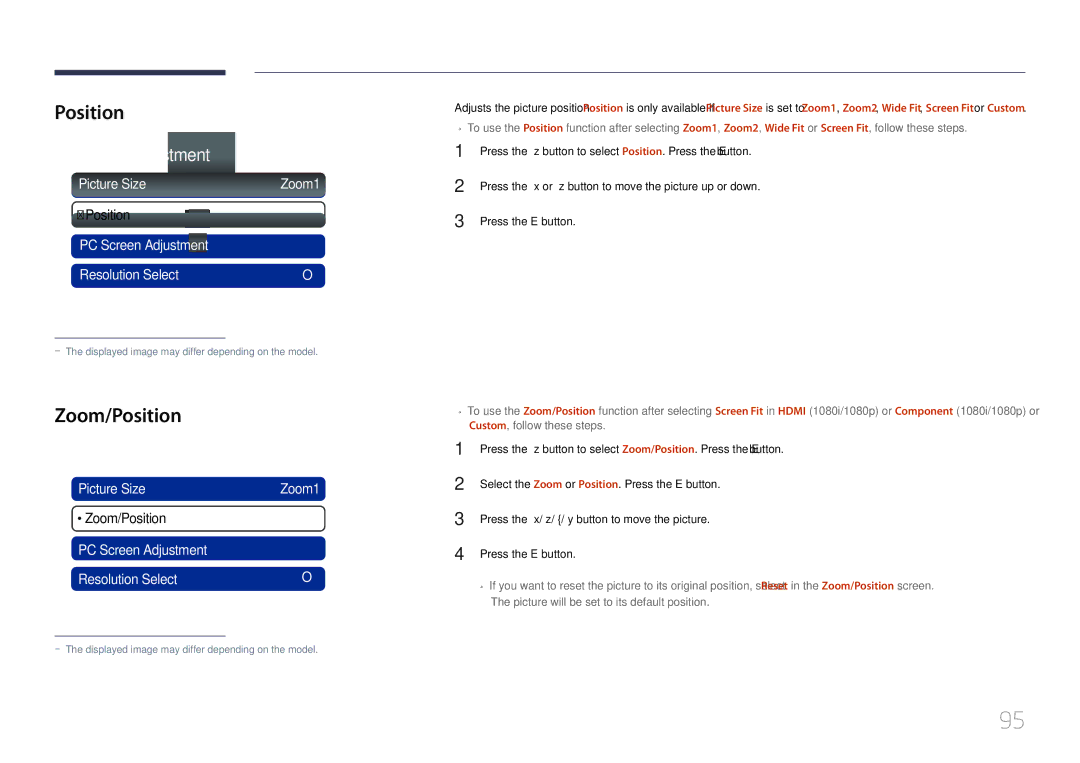 Samsung MD40C, MD32C, MD55C user manual Zoom/Position, Picture Size, PC Screen Adjustment Resolution Select 