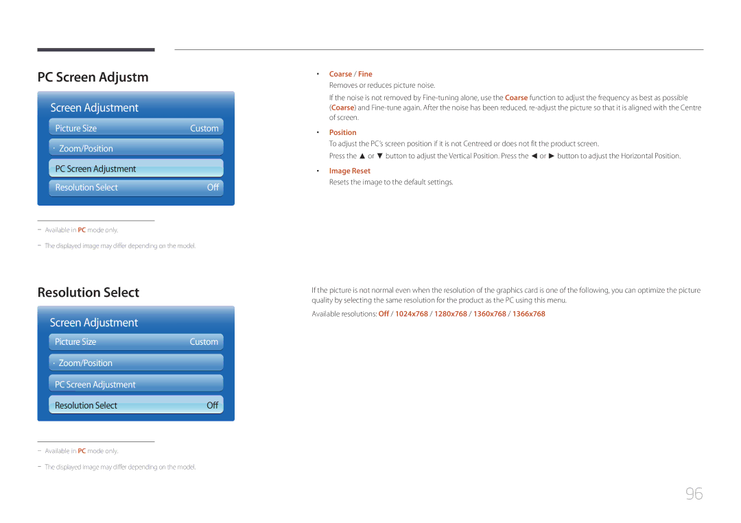 Samsung MD32C, MD55C, MD40C user manual Resolution Select, · Zoom/Position PC Screen Adjustment 