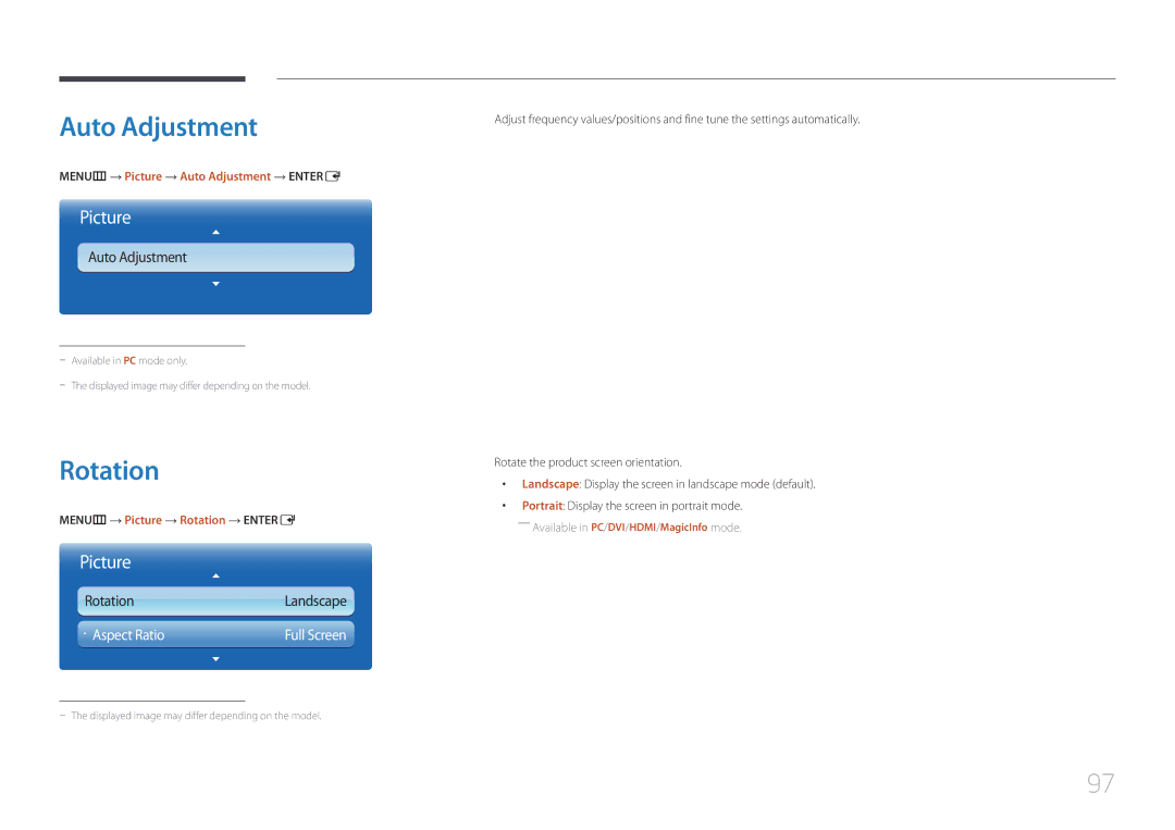 Samsung MD55C, MD32C, MD40C user manual Rotation, · Aspect Ratio, MENUm → Picture → Auto Adjustment → Entere 