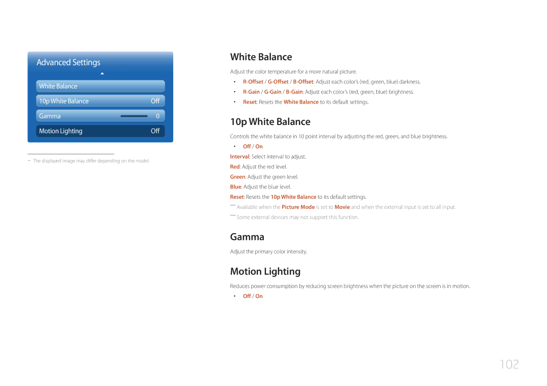 Samsung MD32C, MD55C user manual 102, 10p White Balance, Gamma, Motion Lighting 