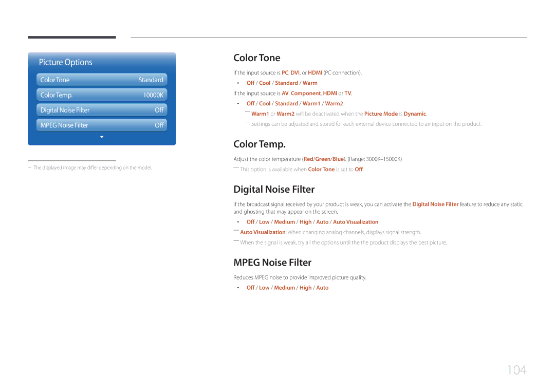 Samsung MD32C, MD55C user manual 104, Color Tone, Color Temp, Digital Noise Filter, Mpeg Noise Filter 