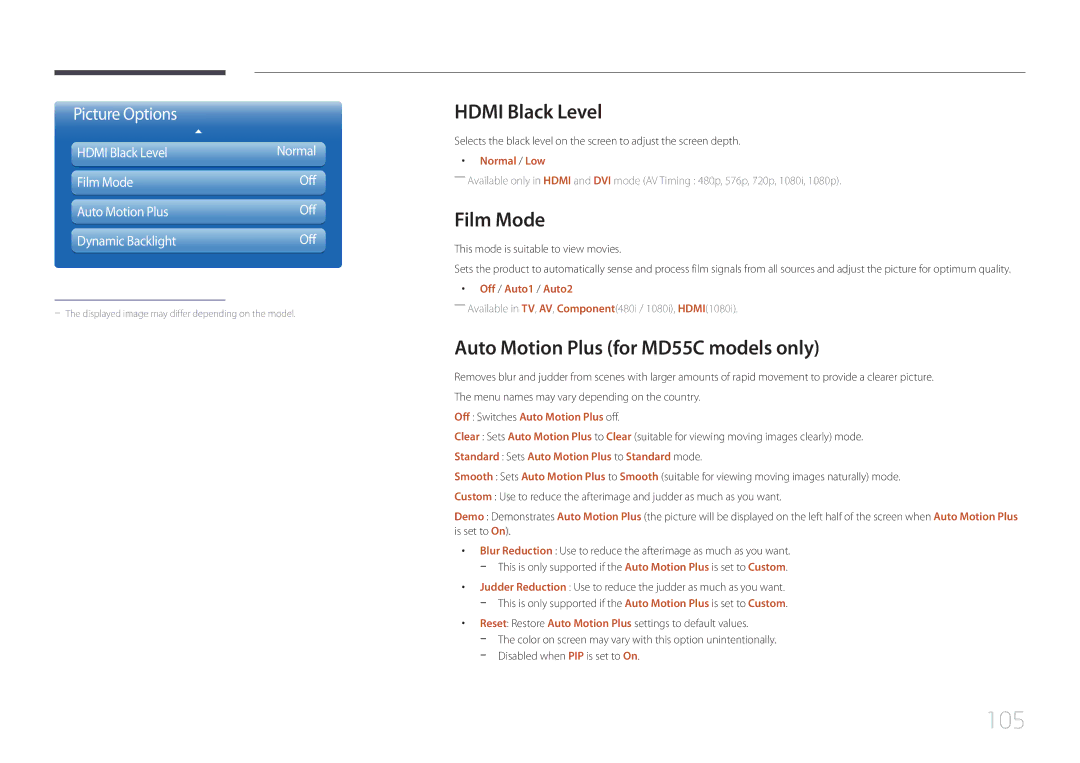 Samsung MD32C user manual 105, Hdmi Black Level, Film Mode, Auto Motion Plus for MD55C models only 