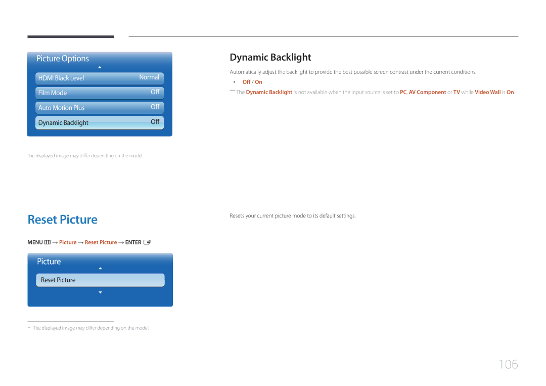 Samsung MD32C, MD55C user manual 106, Dynamic Backlight, Menu m → Picture → Reset Picture → Enter E 