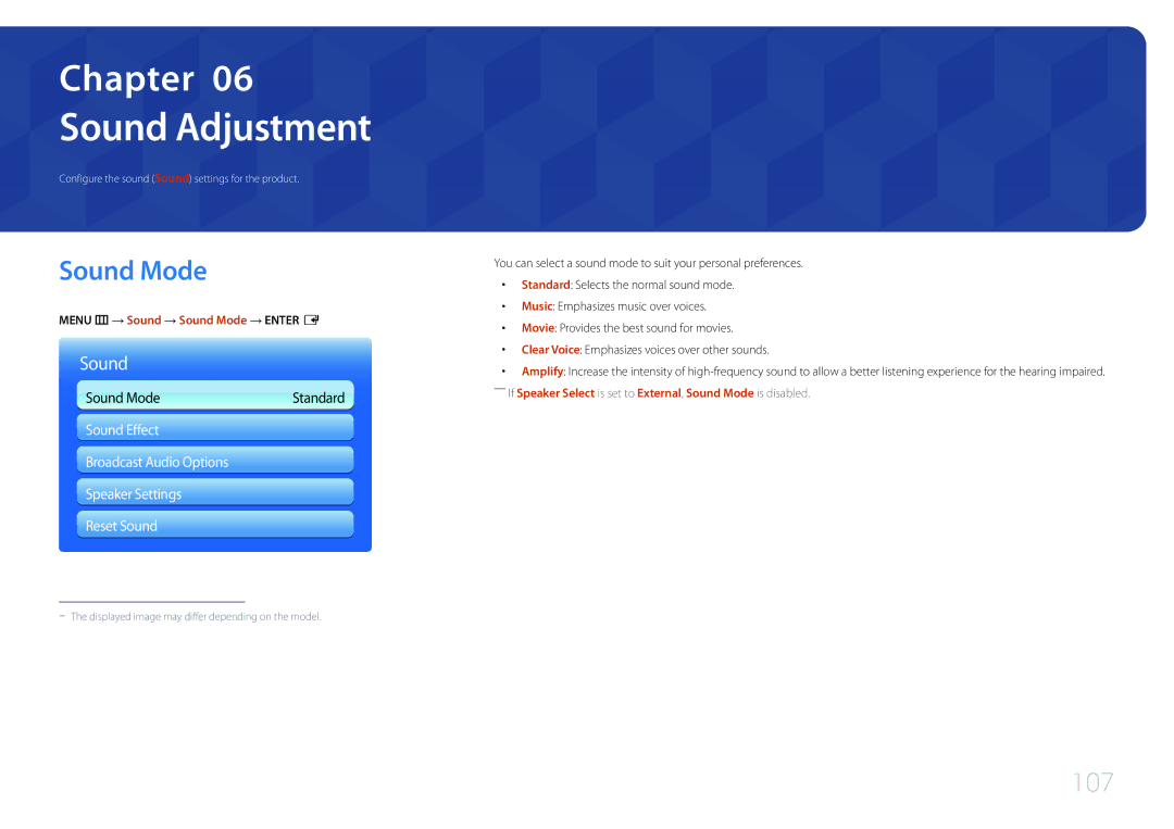 Samsung MD55C, MD32C user manual Sound Adjustment, 107, Menu m → Sound → Sound Mode → Enter E 