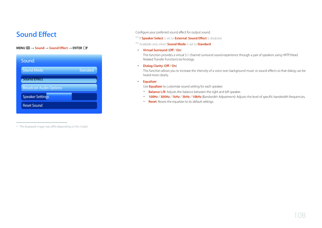 Samsung MD32C, MD55C user manual Sound Effect, 108, Sound Mode, Broadcast Audio Options Speaker Settings Reset Sound 