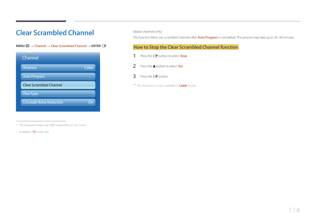 Samsung MD32C 114, How to Stop the Clear Scrambled Channel function, Auto Program, Fine Tune Crosstalk Noise Reduction 