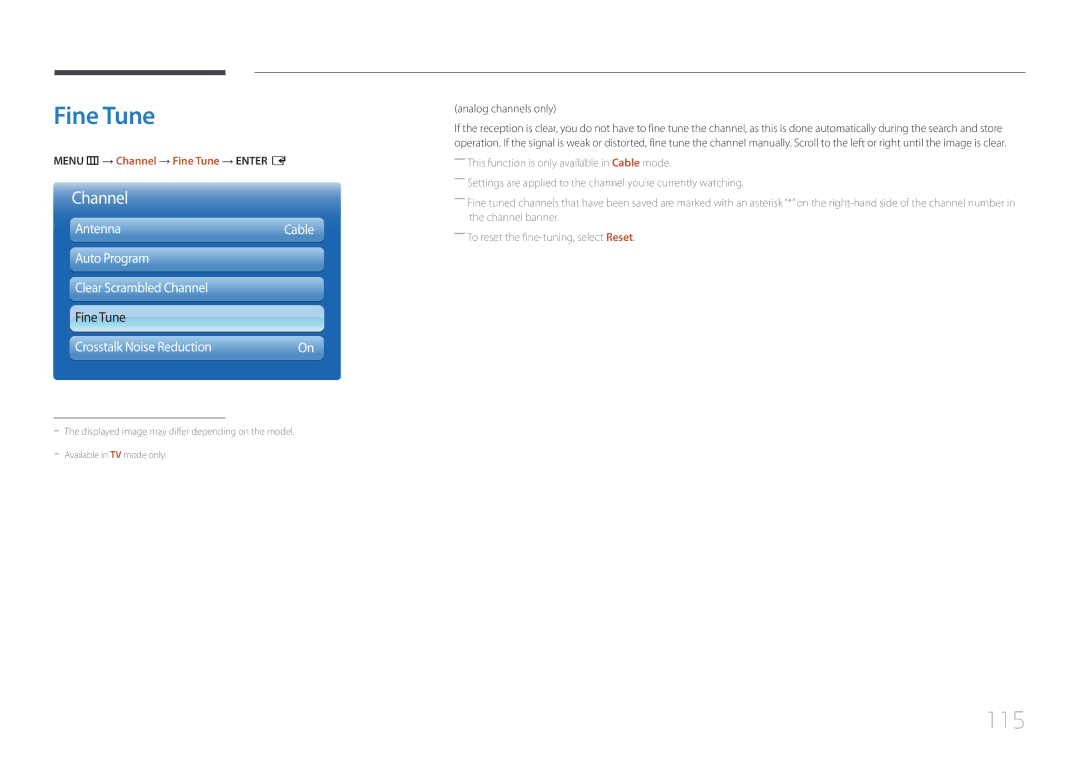 Samsung MD55C 115, Auto Program Clear Scrambled Channel, Menu m → Channel → Fine Tune → Enter E, Analog channels only 