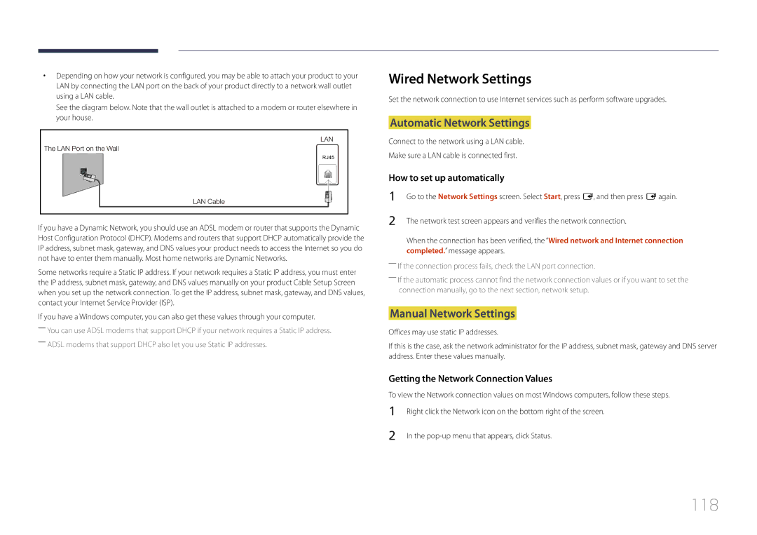 Samsung MD32C, MD55C user manual 118, Wired Network Settings, Automatic Network Settings, Manual Network Settings 