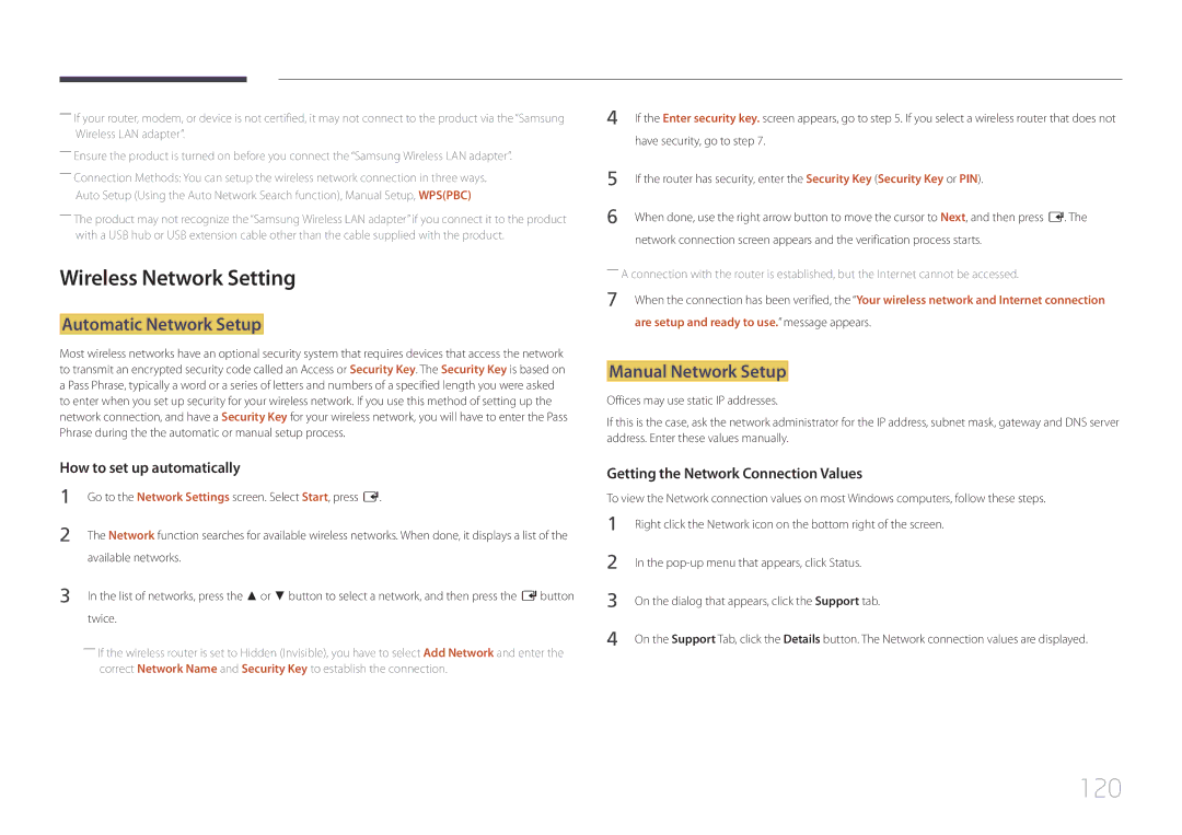 Samsung MD32C, MD55C user manual 120, Wireless Network Setting, Automatic Network Setup, Manual Network Setup 