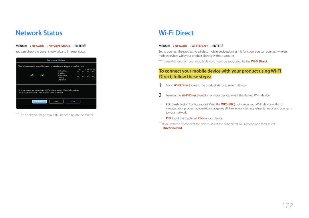 Samsung MD32C, MD55C 122, MENUm → Network → Network Status → Entere, MENUm → Network → Wi-Fi Direct → Entere 